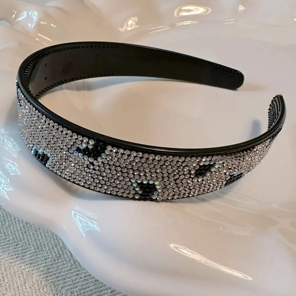 Black and White Animal Print Crystal Rhinestone Headband Wide & Flat with Combs